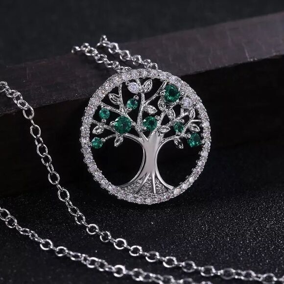 NWT Tree of Life Necklace Silver with Simulated Emerald and Cubic Zirconia - Picture 2 of 4